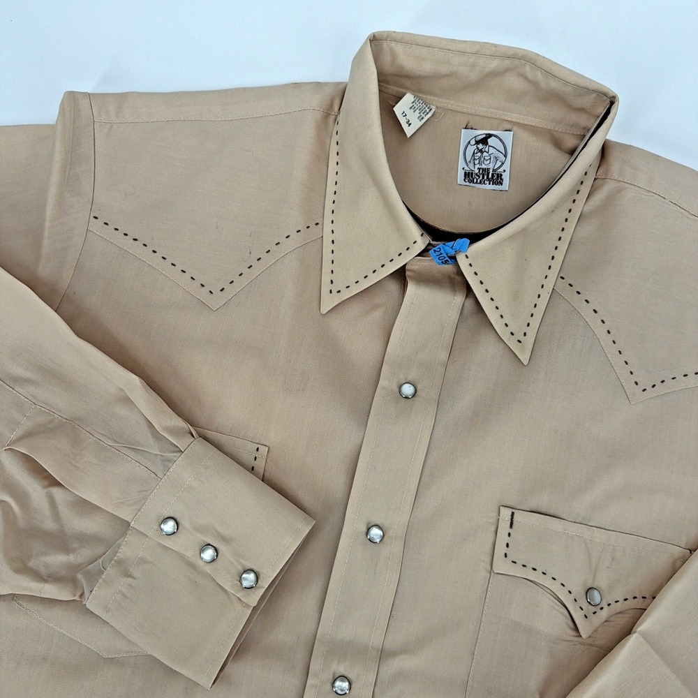 Vintage 70s The Hustler Collection Western Pearl Snap Shirt Tan Mens 17-34 XL